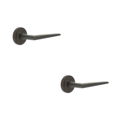 2 PACK Elegant Dark Bronze Door Handle on Stepped Rose - Premium Brass Finish - Solid Brass Interior Handle