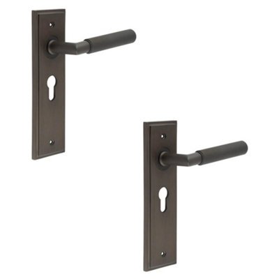 2 PACK Elegant Dark Bronze Door Handle with Euro Backplate for Modern Interiors - Solid Brass Interior Handle