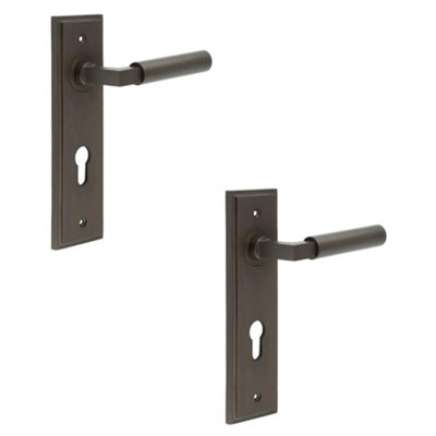 2 PACK Elegant Dark Bronze Door Handle with Euro Backplate - Solid Brass Interior Lever Lock