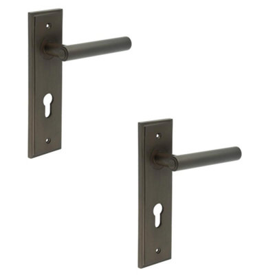 2 PACK Elegant Dark Bronze Door Handle with Euro Backplate - Solid Brass Interior Lever