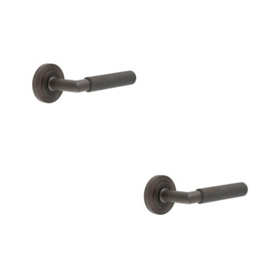 2 PACK Elegant Dark Bronze Door Handle with Reeded Rose Design - Solid Brass Interior Handle