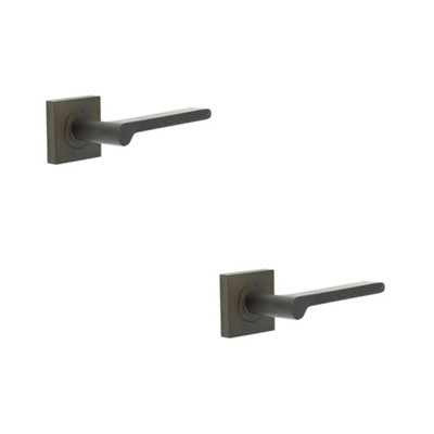 2 PACK Elegant Dark Bronze Square Door Handle with Plain Rose - Solid Brass Interior Handle