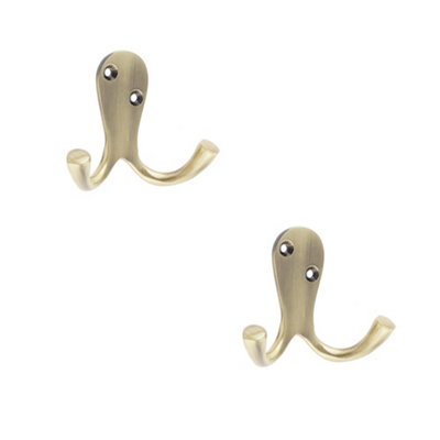 2 PACK Elegant Double Robe Hook in 53mm Antique Brass Finish - Wall Mounted Clothing Hook