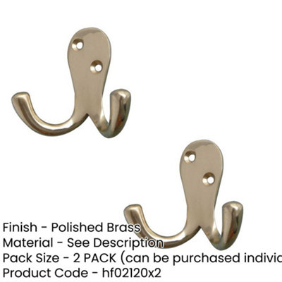 2 PACK Elegant Double Robe Hook in Polished Brass - 53mm - Wall Mounted Clothing Hook