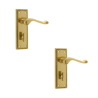 2 PACK Elegant Georgian Suite Door Handle with Polished Brass Finish for Bathroom - Interior Lever on Backplate