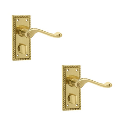 2 PACK Elegant Georgian Suite Door Handle with Privacy Plate in Polished Brass - Interior Lever on Backplate