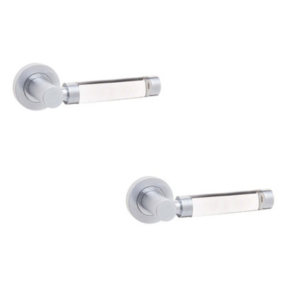 2 PACK Elegant Glass and Satin Chrome Door Handle on Rose - Interior Handle
