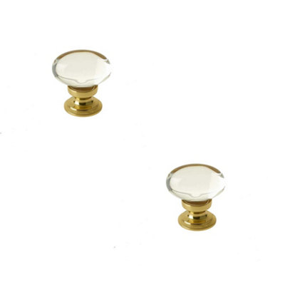2 PACK Elegant Oval Glass Cupboard Knob in Polished Brass Finish - 41x26mm - Kitchen Cabinet Knob