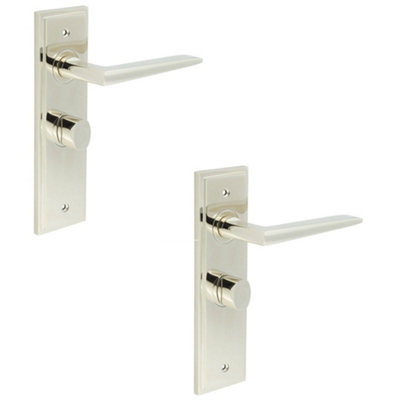 2 PACK Elegant Polished Nickel Bathroom Door Handle with Backplate and Turn Release Solid Brass - Interior Handle