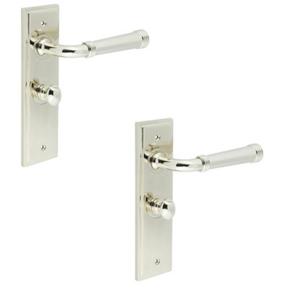 2 PACK Elegant Polished Nickel Bathroom Door Handle with Backplate and Turn Release - Solid Brass Interior Handle