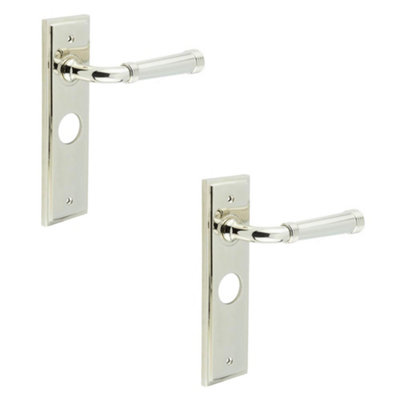 2 PACK Elegant Polished Nickel Bathroom Door Handle with Backplate - Solid Brass Interior Toilet Handle