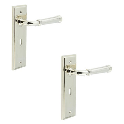 2 PACK Elegant Polished Nickel Door Handle Lock Backplate - Solid Brass Interior Handle