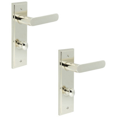 2 PACK Elegant Polished Nickel Door Handle with Backplate for Bathrooms - Solid Brass Toilet Handle