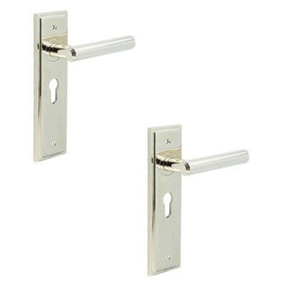 2 PACK Elegant Polished Nickel Door Handle with Euro Backplate for Homes - Solid Brass Interior Lever