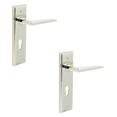2 PACK Elegant Polished Nickel Door Handle with Euro Backplate Solid Brass - Interior Handle