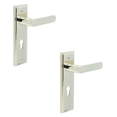 2 PACK Elegant Polished Nickel Door Handle with Euro Backplate - Solid Brass Interior Lock Handle