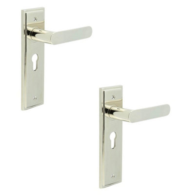 2 PACK Elegant Polished Nickel Door Handle with Euro Backplate - Solid Brass Interior Toilet Handle