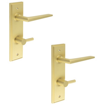 2 PACK Elegant Satin Brass Bathroom Door Handle with Backplate and Turn Release Mechanism Solid Brass - Interior Handle