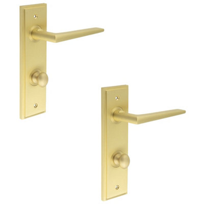 2 PACK Elegant Satin Brass Bathroom Door Handle with Backplate and Turn Release Solid Brass - Interior Handle