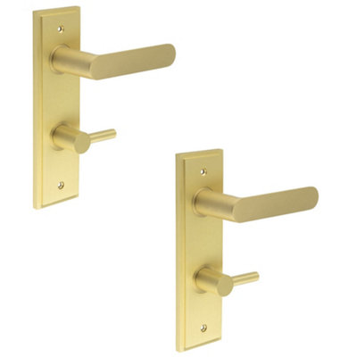 2 PACK Elegant Satin Brass Bathroom Door Handle with Backplate and Turn Release Solid Brass Interior Handle