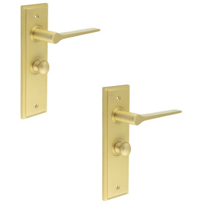 2 PACK Elegant Satin Brass Bathroom Door Handle with Backplate and Turn Release - Solid Brass WC Interior Handle
