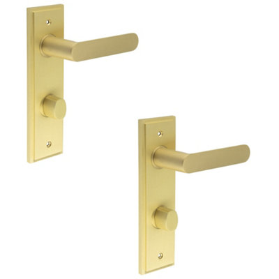 2 PACK Elegant Satin Brass Bathroom Door Handle with Turn & Release Mechanism - Solid Brass Interior Handle