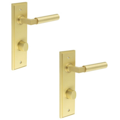2 PACK Elegant Satin Brass Bathroom Door Handle with Turn Release - Solid Brass Interior Handle