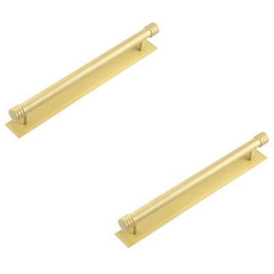 2 PACK Elegant Satin Brass Cabinet Handle with 224mm Centers and Stepped Backplate - Kitchen Drawer Pull Handle