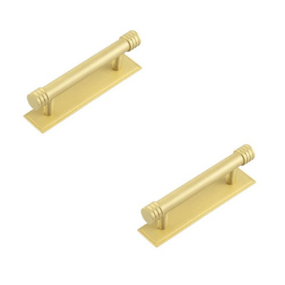 2 PACK Elegant Satin Brass Cabinet Handle with Stepped Backplate - 96mm Ctrs - Kitchen Drawer Pull Handle