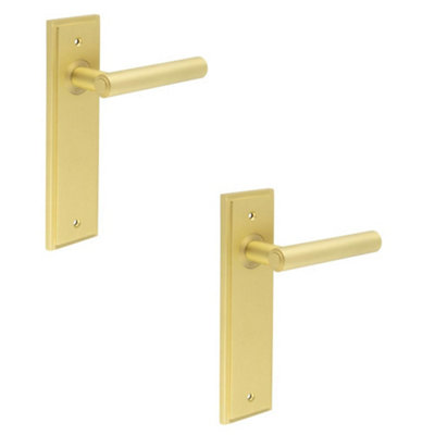 2 PACK Elegant Satin Brass Door Handle Latch Backplate for Home - Solid Brass Interior Lever