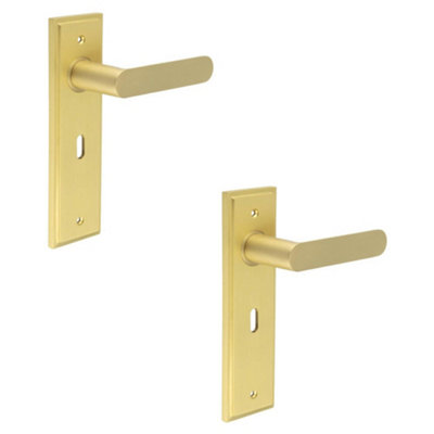 2 PACK Elegant Satin Brass Door Handle Lock Backplate for Home - Solid Brass Interior Handle