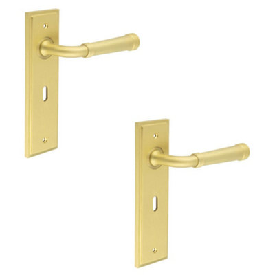 2 PACK Elegant Satin Brass Door Handle Lock Backplate for Luxurious Interiors - Solid Brass Interior Handle