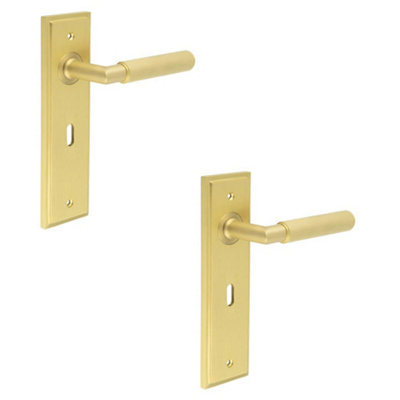 2 PACK Elegant Satin Brass Door Handle Lock Backplate for Luxury Finishes - Solid Brass Interior Handle