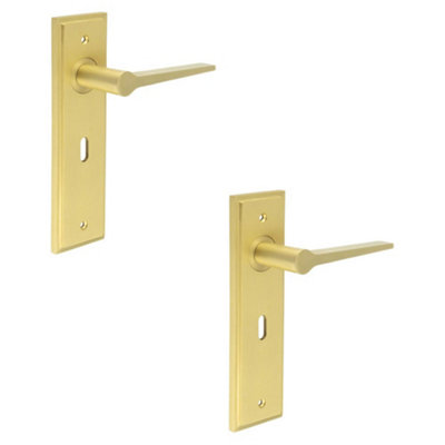 2 PACK Elegant Satin Brass Door Handle Lock Backplate for Modern Homes - Solid Brass Interior Handle