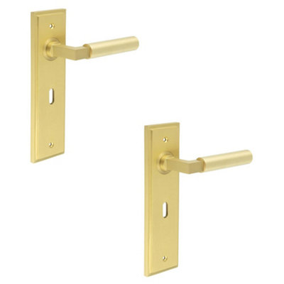 2 PACK Elegant Satin Brass Door Handle Lock Backplate for Modern Homes - Solid Brass Interior Lever