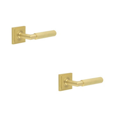 2 PACK Elegant Satin Brass Door Handle on Square Stepped Rose for Luxury Interiors - Solid Brass Interior Handle