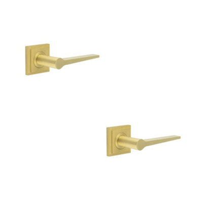 2 PACK Elegant Satin Brass Door Handle on Square Stepped Rose for Modern & Traditional Interiors - Solid Brass Interior Handle