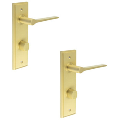 2 PACK Elegant Satin Brass Door Handle with Backplate for Bathrooms WC - Solid Brass Interior Handle