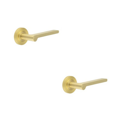 2 PACK Elegant Satin Brass Door Handle with Plain Rose Design - Solid Brass Interior Handle