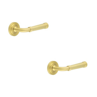 2 PACK Elegant Satin Brass Door Handle with Stepped Rose Design - Solid Brass Interior Handle