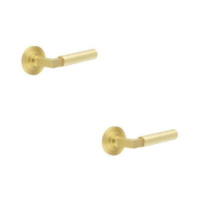 2 PACK Elegant Satin Brass Reeded Door Handle with Rose - Solid Brass Interior Handle