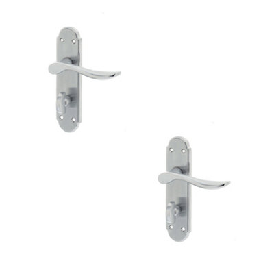 2 PACK Elegant Satin Chrome Suite Door Handle with Bathroom Plate - Interior Lever on Backplate
