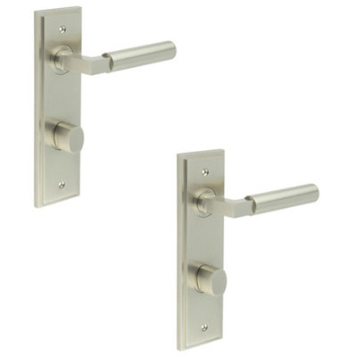 2 PACK Elegant Satin Nickel Bathroom Door Handle with Backplate and Turn & Release Mechanism - Solid Brass Interior Handle