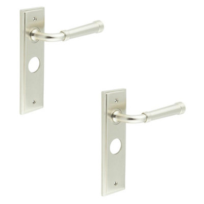 2 PACK Elegant Satin Nickel Bathroom Door Handle with Backplate - Solid Brass Interior Handle