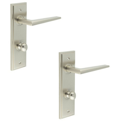 2 PACK Elegant Satin Nickel Bathroom Door Handle with Turn & Release Backplate - Solid Brass Interior Handle