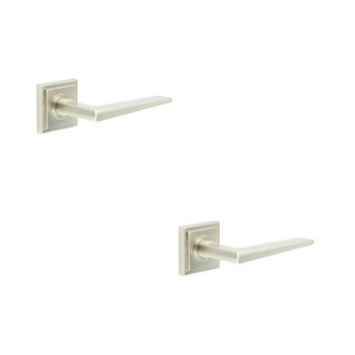 2 PACK Elegant Satin Nickel Door Handle on Square Stepped Rose - Solid Brass Interior Handle