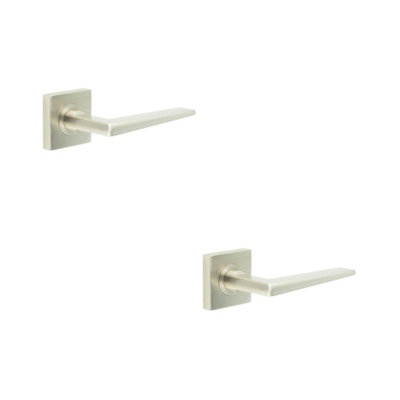 2 PACK Elegant Satin Nickel Door Handle with Square Rose - Solid Brass Interior Handle