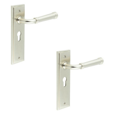 2 PACK Elegant Satin Nickel Euro Backplate Door Handle for Modern Homes - Solid Brass Interior Handle