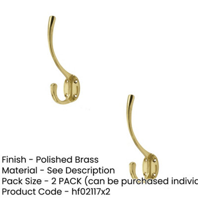 2 PACK Elegant Solid Brass Hat and Coat Hook - 142mm Polished Finish - Wall Mounted Clothing Hook