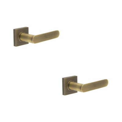 2 PACK Elegant Square Plain Door Handle in Antique Brass Finish - Solid Brass Interior Handle
